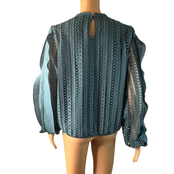 Calligraphie Teal Laced Ruffles Long Sleeve Blouse Top Size Medium - Picture 11 of 11
